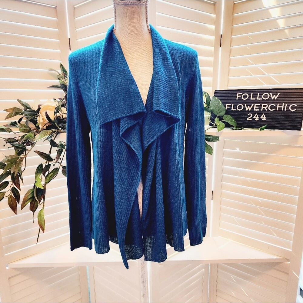 EILEEN FISHER TEAL BLUE LAYERED RUFFLE COLLAR CARDIGAN SIZE PL